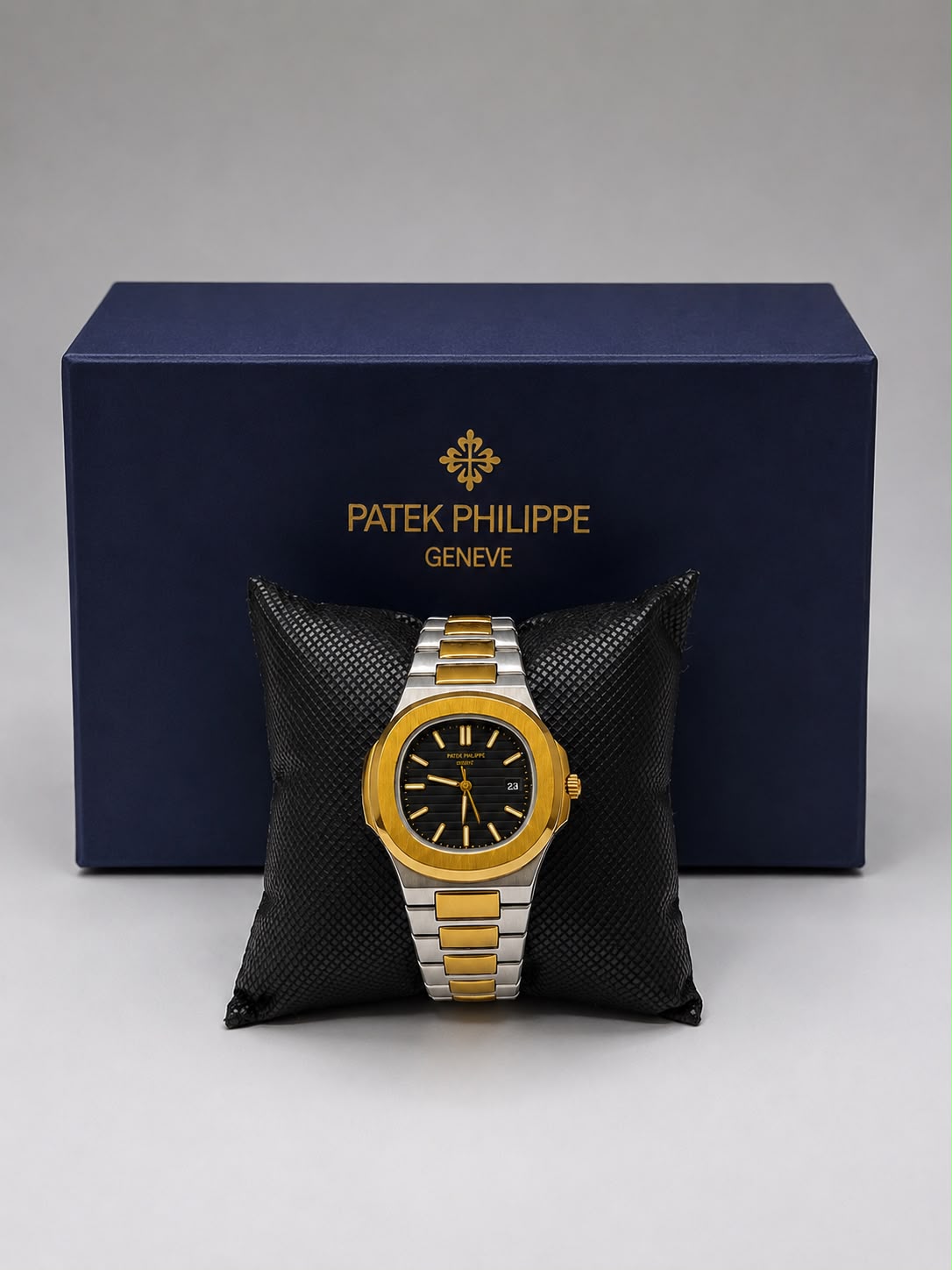 Classic Two-Tone Men's Luxury Watch - Black Embossed Dial