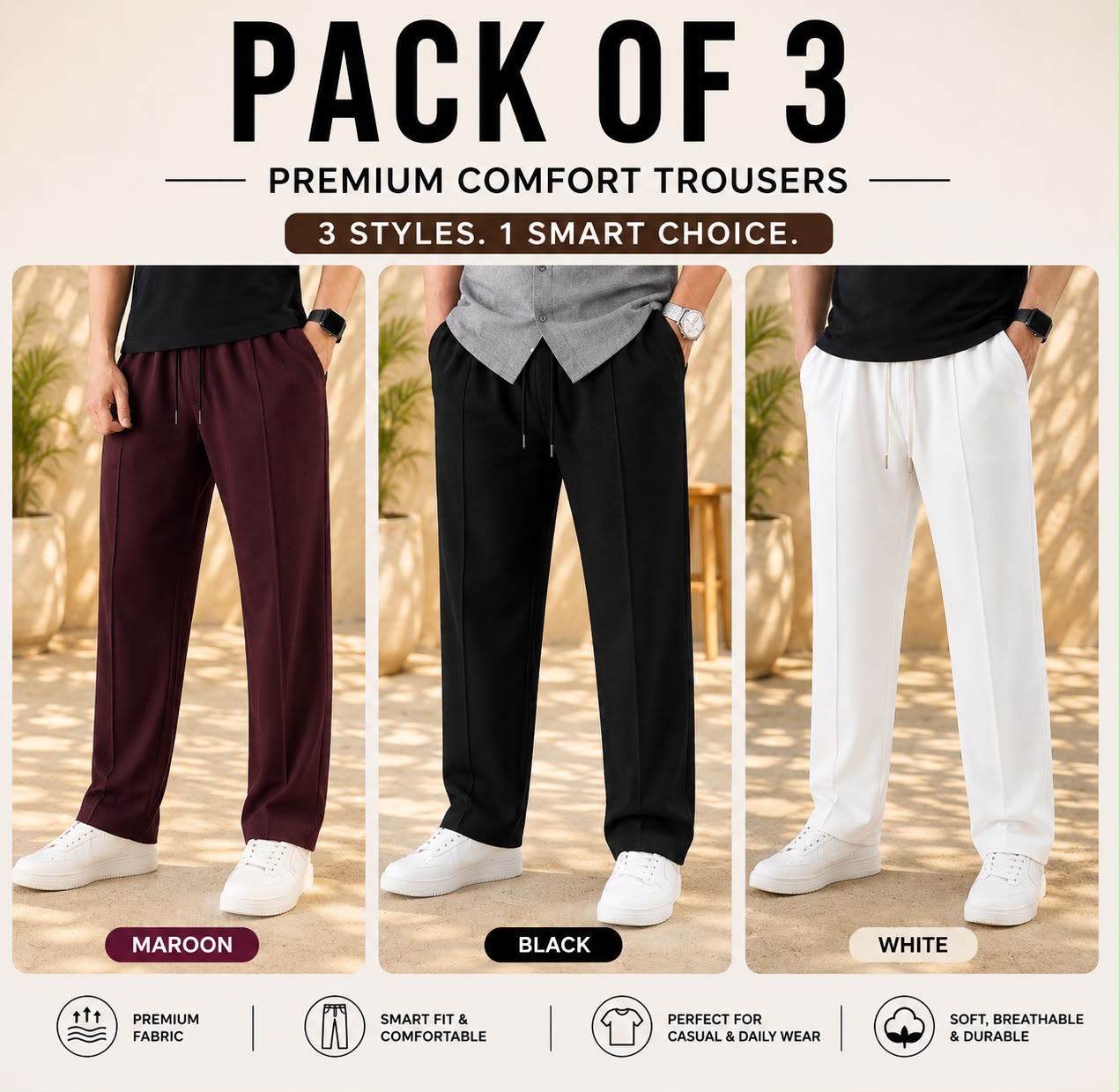 Pack of 3 Premium Baggy Trousers for Men | Comfortable Casual Loose Fit Pants(Mehron,Black,White)