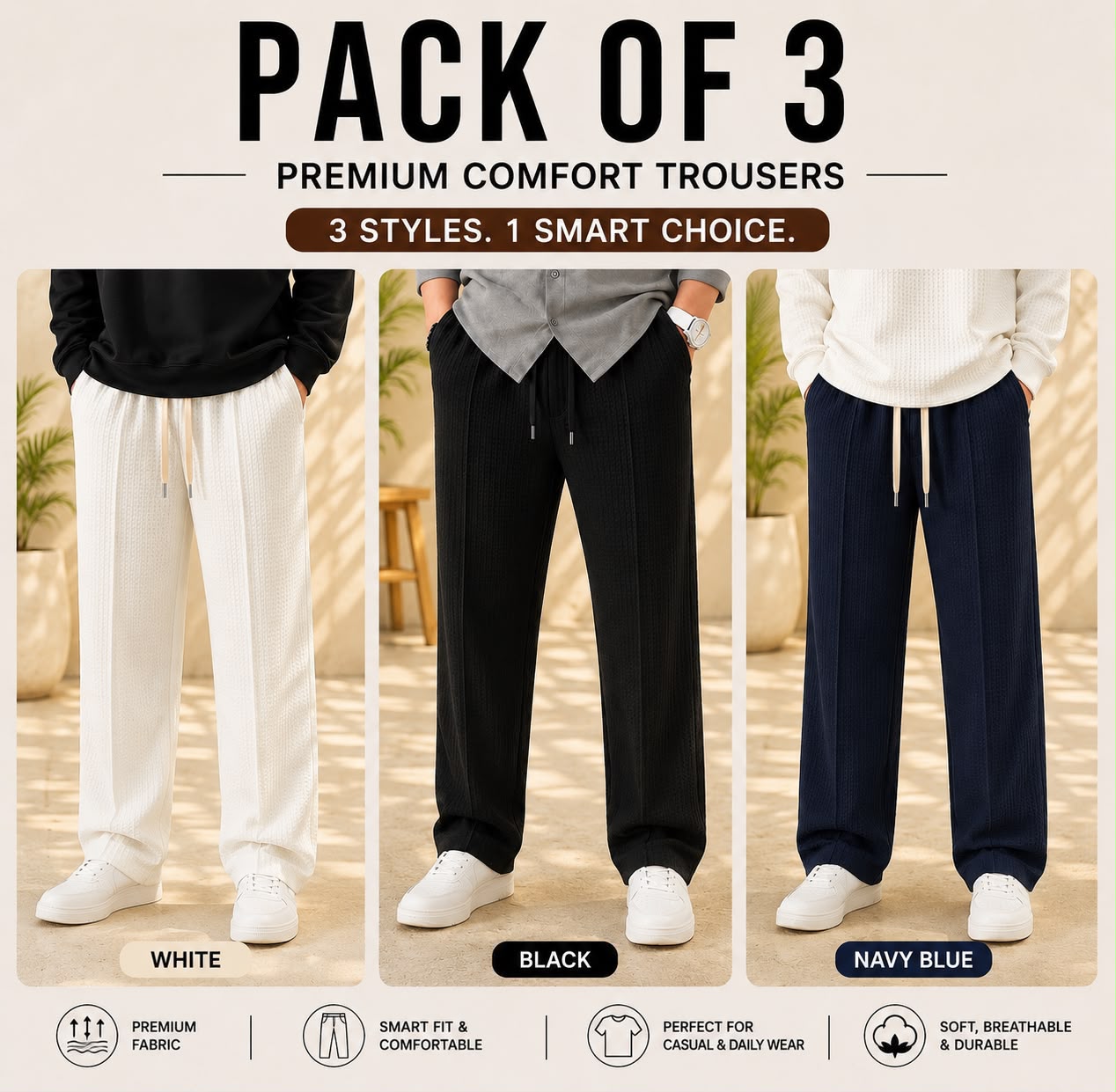 Pack of 3 Premium Baggy Trousers for Men | Comfortable Casual Loose Fit Pants(White,Black,Blue)