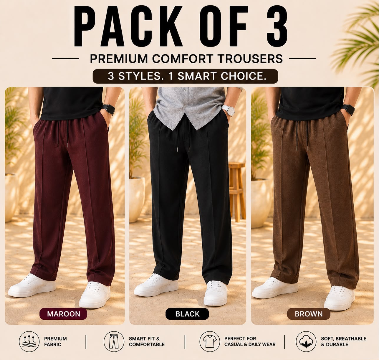 Pack of 3 Premium Baggy Trousers for Men | Comfortable Casual Loose Fit Pants(Mehron,Black,Brown))
