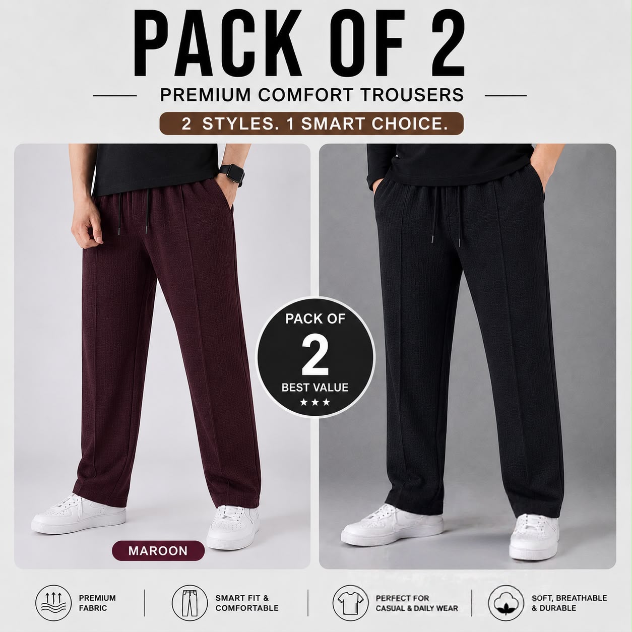 Pack of 2 Premium Baggy Trousers for Men | Comfortable Casual Loose Fit Pants(Mehron,Black)