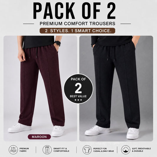 Pack of 2 Premium Baggy Trousers for Men | Comfortable Casual Loose Fit Pants(Mehron,Black)