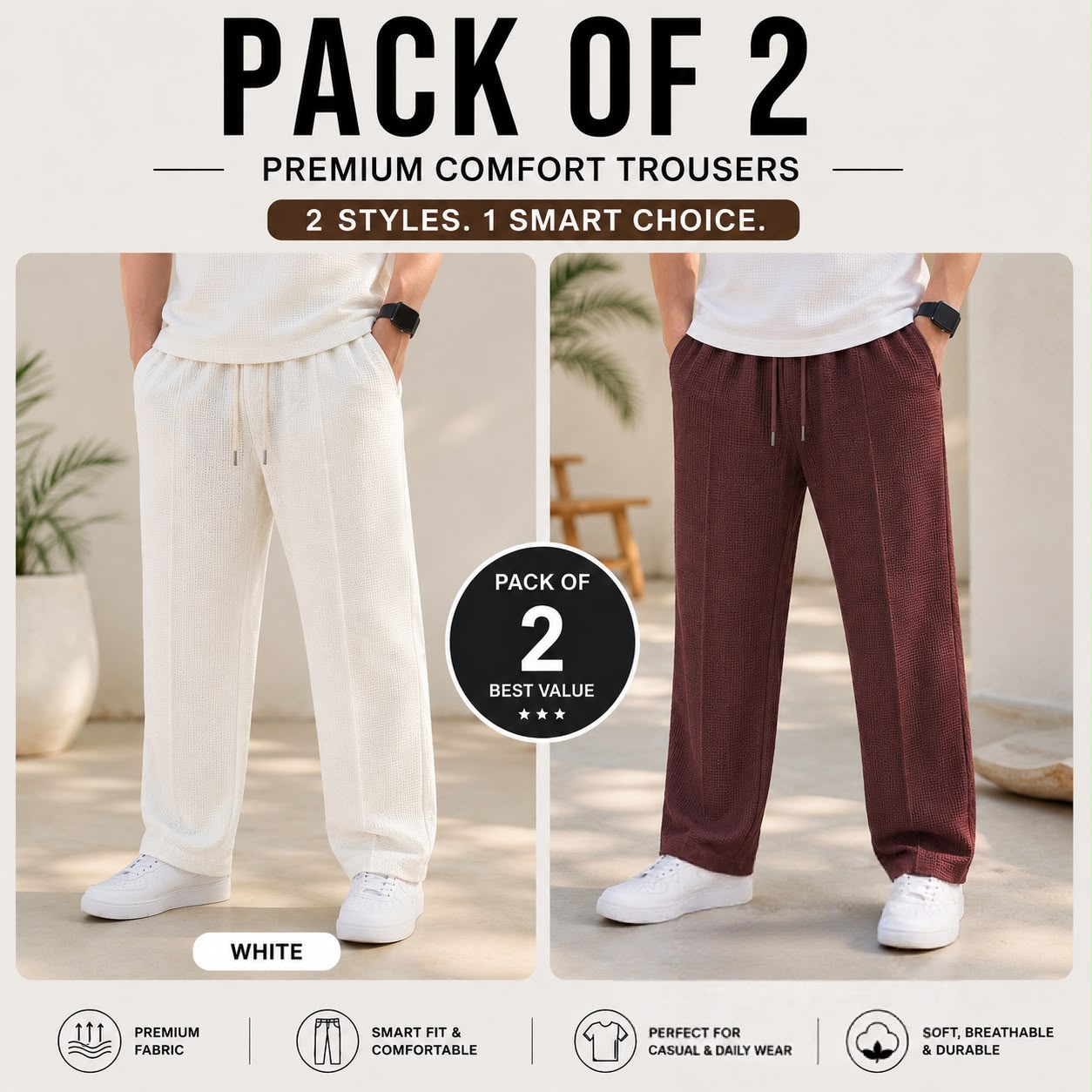 Pack of 2 Premium Baggy Trousers for Men | Comfortable Casual Loose Fit Pants(White,Brown)