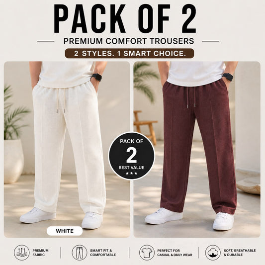 Pack of 2 Premium Baggy Trousers for Men | Comfortable Casual Loose Fit Pants(White,Brown)