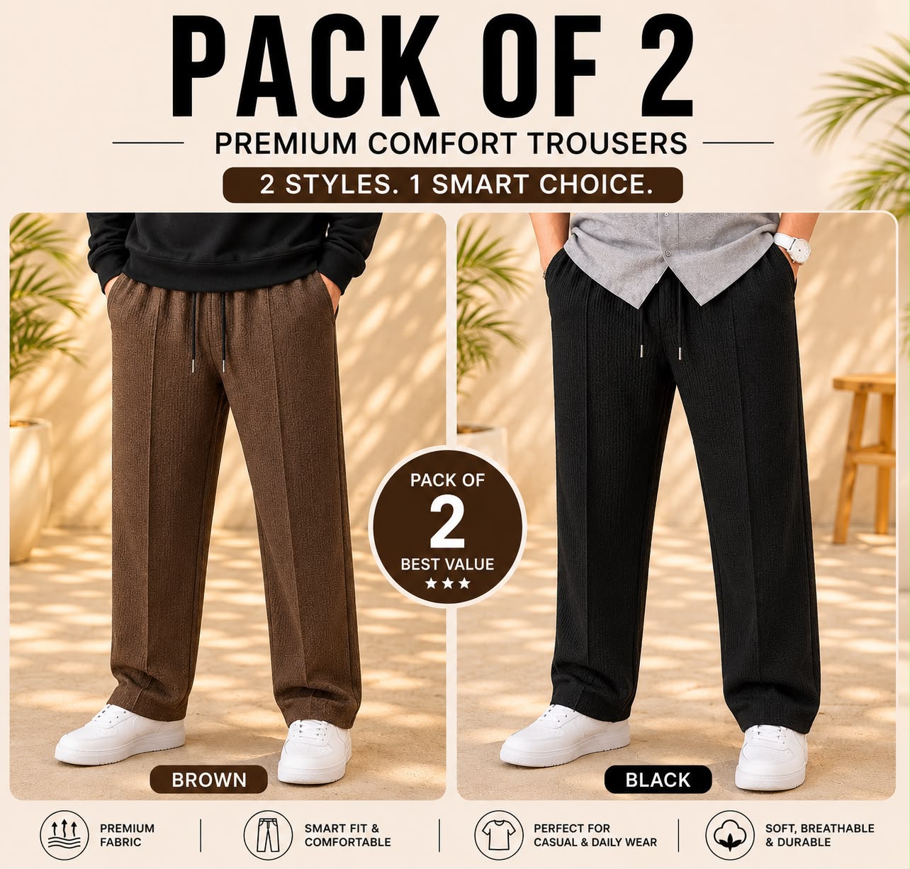 Pack of 2 Premium Baggy Trousers for Men | Comfortable Casual Loose Fit Pants(Brown,Black)