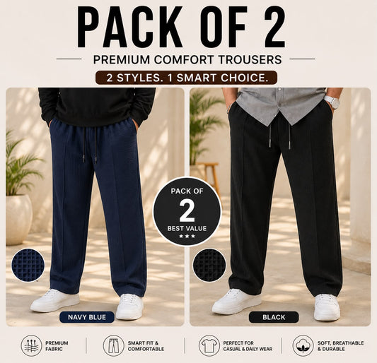 Pack of 2 Premium Baggy Trousers for Men | Comfortable Casual Loose Fit Pants(Blue,Black)