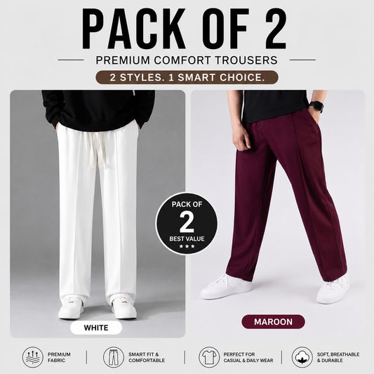 Pack of 2 Premium Baggy Trousers for Men | Comfortable Casual Loose Fit Pants(White,Mehron)