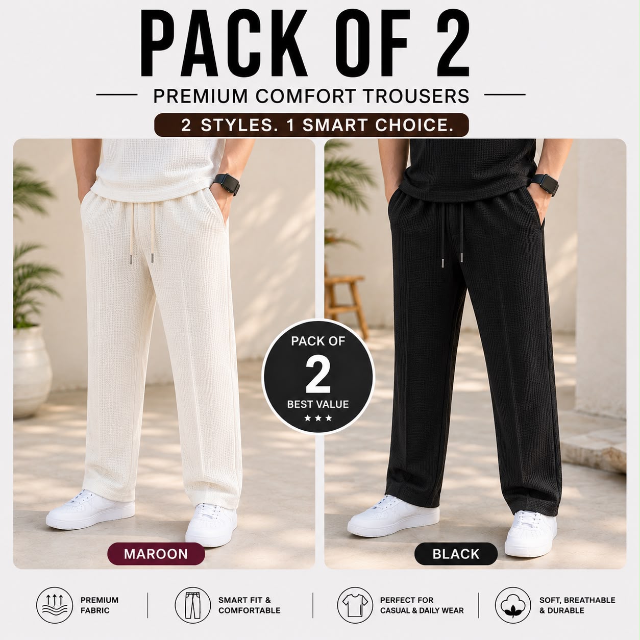 Pack of 2 Premium Baggy Trousers for Men | Comfortable Casual Loose Fit Pants(White,Black)