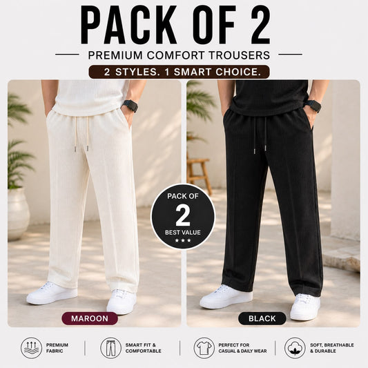 Pack of 2 Premium Baggy Trousers for Men | Comfortable Casual Loose Fit Pants(White,Black)