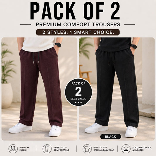 Pack of 2 Premium Baggy Trousers for Men | Comfortable Casual Loose Fit Pants(Mehron,Black)