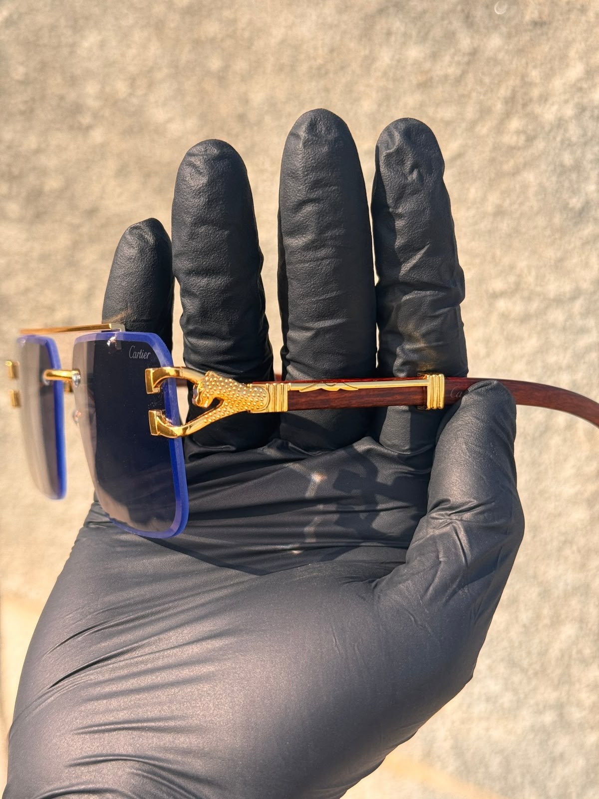 Luxury Rimless Gold Eyewear - Wood Temples & Panther Motif